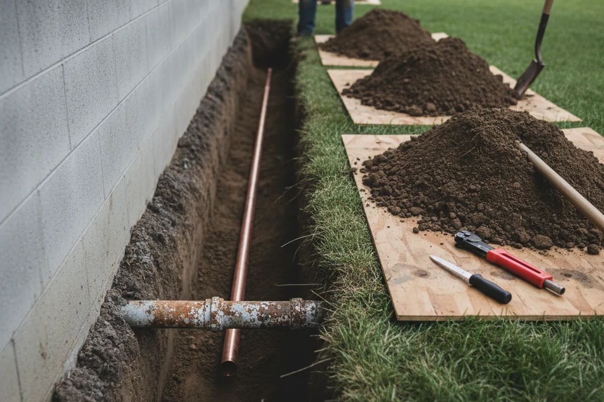 Excavated water line trench during Sewer Line Repair in Gordon